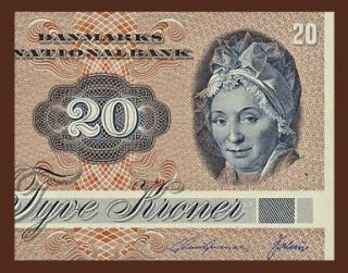 20 Kroner Banknote of Denmark 1979 Pauline Tutein Sparrows Pick 49 UNC 