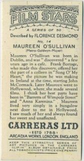 Maureen OSullivan 1936 Carreras Filmstars Tobacco Card