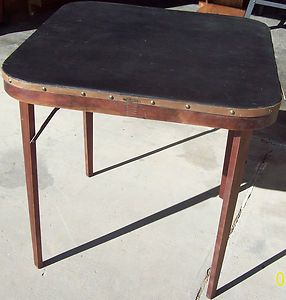 1908 PEERLESS card table LEATHER TOP wooden fold legs w orig label 