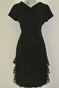 vintage 50s black CAROLE KING Dress short sleeve pleated Lace retro 