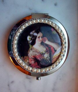 Victorian Lady Pearls Pocket Mirror Compact 2 75 Wide Silvertone Push 