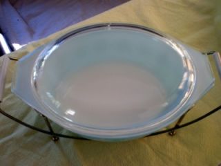 Vtg Pyrex Casserole Dish w Lid Stand Turquoise Snowflake 1 5 Qt Mid 