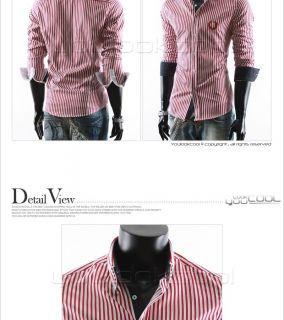 Youlookcool Mens Slim Fit Casual Double Collar Red White Striped Dress 