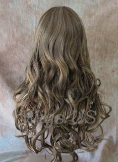 Wigs Dark Ash Champagne Blonde Mix Soft Curls Center Part Bangs Wig 