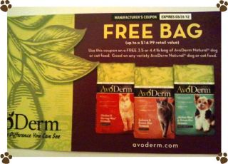 Two Coupons for Free Avoderm Cat or Dog Food Exp 3 12 $29 98 Value 
