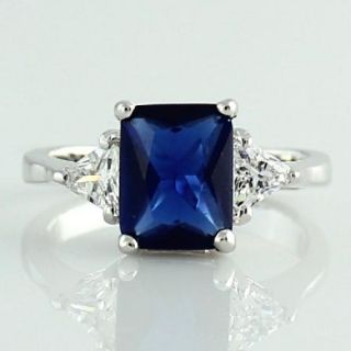 Blue Sapphire 2 5 Carat Emerald Cut Silver CZ Engagement Wedding Ring 