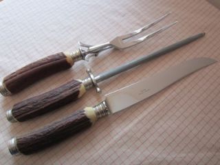 PC Solingen Germany Carving Set Stag Horn Handles Ssteel Fork Knife 