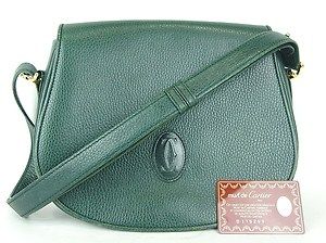    CARTIER PARIS GREEN LEATHER SHOULDER BAG PURSE MADE IN ITALY w CARD