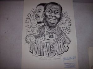Magic Johnson NBA Lakers Cartoon Print Artist Signed