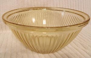 Federal Amber Small Ribbed Mixing Bowl with F in Shield 7 3 4 Wide by 