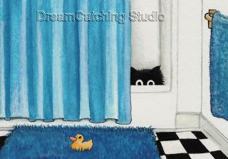 Black Cat Shower Curtain Rubber Duck Art Le ACEO Print