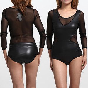 MOGAN Sexy Cut Out Sheer Mesh Leather Body Suit Knicker Stretch 