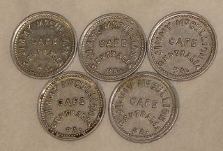   Jimmy Mccullion Cafe 5 Cent Trade Tokens Centralia PA Lot of 5