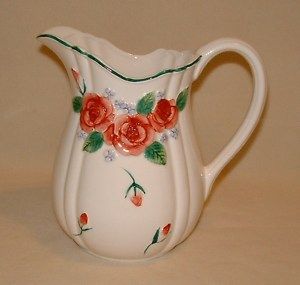 Ceramic Water Pitcher Decorative w Pink Roses Stamped Mary Ann Baker 