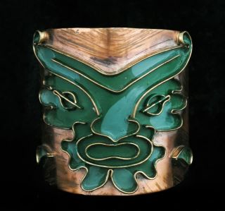 Casa Maya Mexican Cuff Bracelet Copper Brass Green Enamel Toro Design 