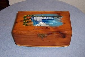   Footed Cedar Box with Great Hand Painted Niagara Falls Scene