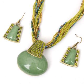   Green Alloy Stone Crystal Earrings Necklace Pendant Chain Sets