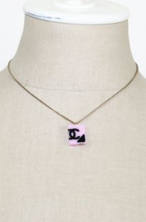Authentic Chanel 05 Pink Black CC Logo Cambon Quilted Charm Necklace w 
