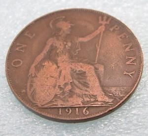 1916 U K Great Britain 1 Penny One Large Cent Coin