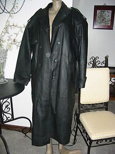 CHARLES KLEIN BLACK LEATHER FULL LENGTH XL UNISEX LINED TRENCH COAT 