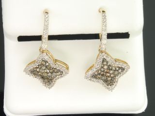   Yellow Gold White & Brown Champagne Diamond Danglers Earrings 0.64 Ct