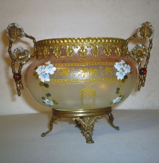 Antique Victorian Glass Centerpiece Bronze Enamel Vase