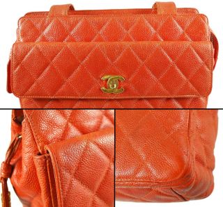Authentic Chanel Orange Caviar Leather Summer Large Shopping Tote Bag 
