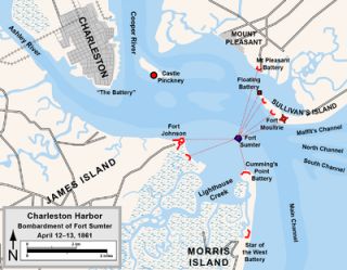 Map depicting Charleston harbor and the location of fortifications in 