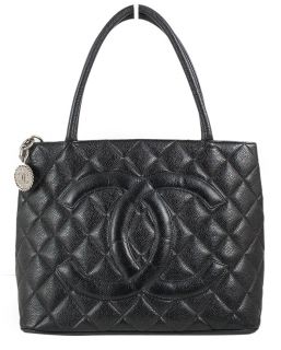 CHANEL Black Quilted Caviar Leather Silver Medallion Tote Handbag