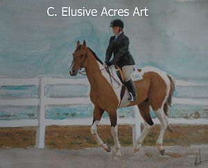   Watercolor Painting English Paint Pinto Hunter Jumper Horse & Girl