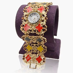 Enamel Ladies Crystal 18K Gold Plated GP Charm Bangle Watch A1979K 