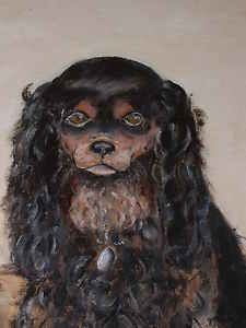 Very Large Antique King Charles Spaniel Dog Oil Painting Approx 31 x 