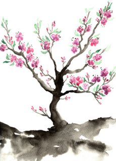 Original Sakura Cherry Blossom Tree Sumi E Japanese Brush Painting 