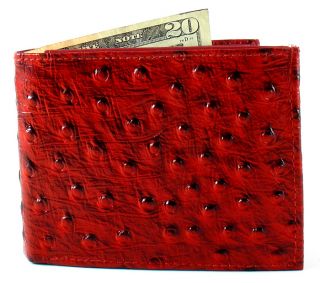 Men Cherry Red Ostrich Genuine Leather Bi Fold Bi Fold Wallet YS1481 