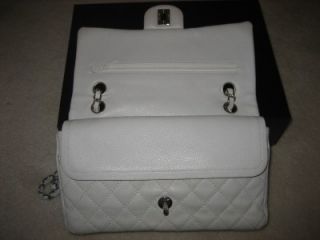 Authentic Chanel Classic Flap Handbag White Caviar Leather