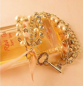    Rhinestone Pearl Gold Plated Multi Strands Chain Key Charms Bracelet