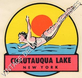 Vintage Chautauqua Lake New York Diving Girl Pin Up Souvenir Travel 