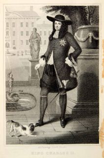 1876 Steel Engraving King Charles II Portrait Anglican Dog Costume 