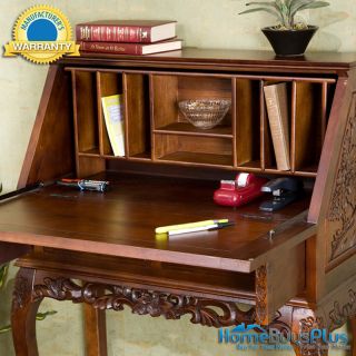 Hand Carved Wood Drop Front Desk Writing Cherry Finish W/ Drawers