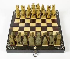 Chinese Antique Carved Stone Chess Set w Beautiful Inlaid Game Board 
