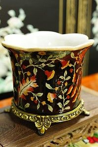 Oriental Chinese Crackled Porcelain Planter Pot Antiqued Brass Base 