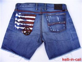 Lucky Brand US Flag Stars Stripes Peace Sign Patch Embr Cut Off Shorts 