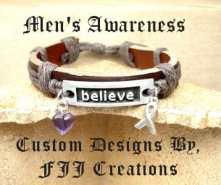 Purple Mens Ribbon Awareness Believe Jewelry Bracelet Support Leather 