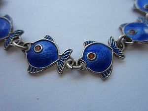 Vintage Christgau Denmark Sterling Silver Blue Enamel Fish Bracelet 