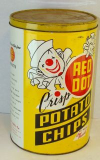 1940s Red Dot (Clown) Potato Chips Advertising Tin Can W/ Orig Lid 