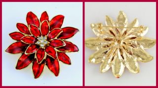   Poinsettia Flower Rhinestone Enamel Gold Christmas Pin Brooch