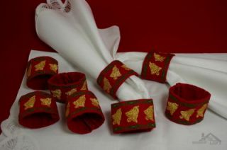 Fabric Golden Holiday Bell Napkin Ring Holders Set of 8 Red NEW