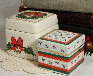 Vintage Christmas Trinket Lidded Gift Boxes Lefton Holly Porcelain 