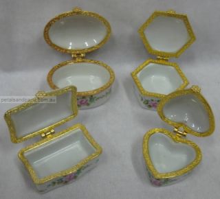 Rose & Flower Porcelain Trinket Box Boxes With Hinged Lids & Gold