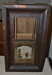 Antique NEW HAVEN OG Weighted Clock Wood Case, Reverse Painted Glass